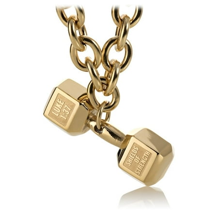 Gold Stainless Mens JUMBO Dumbbell on Linked Chain Necklace by Shields of Strength