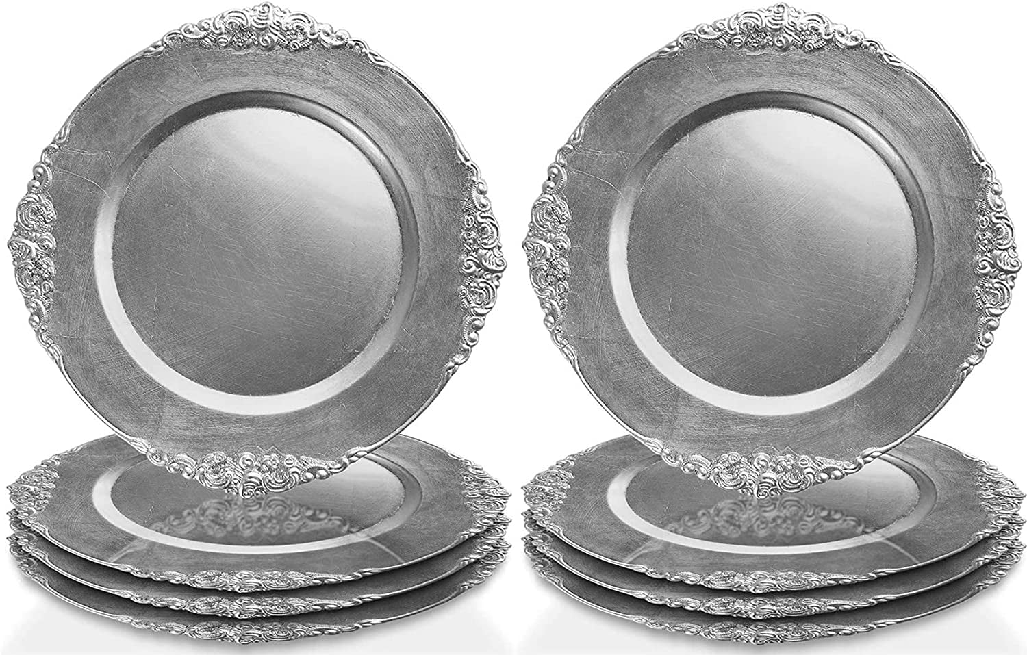 8 Pack Silver Charger Plates, 13" Round Melamine Leaf Plate Chargers