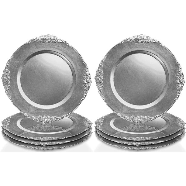 8 Pack Silver Charger Plates, 13" Round Melamine Leaf Plate Chargers