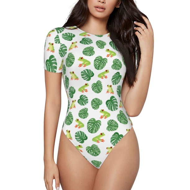 Fotbe Frogs And Tropical Leaves Body de Mujer con Cuello Redondo y Mangas Cortas, Sin Mangas Ajustado, Suave, Cómodo y Básico-Small