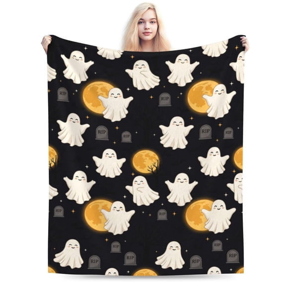 Halloween Throw Blanket, Cute Ghost Moon Bat Pattern, Gothic White Spirit Spooky Fall Decor, Soft Plush Flannel Blanket for Couch Bed 50x40
