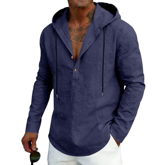 Yaoyar Men Lightweight Linen Blend Hoodie Shirt Long Sleeve V Neck Button Down Casual Pullover with Adjustable Drawstring