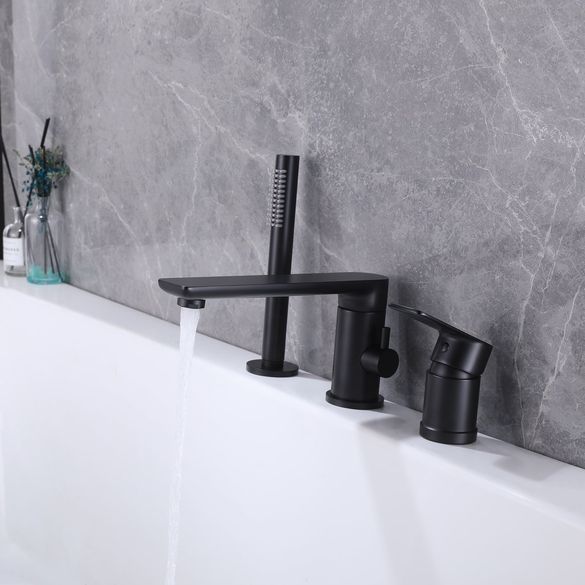 Three Holes Deck Mounted Bathroom 360 Degree Rotable Bathtub Faucet, Two Handles Roman Tub Filler with Hand Shower