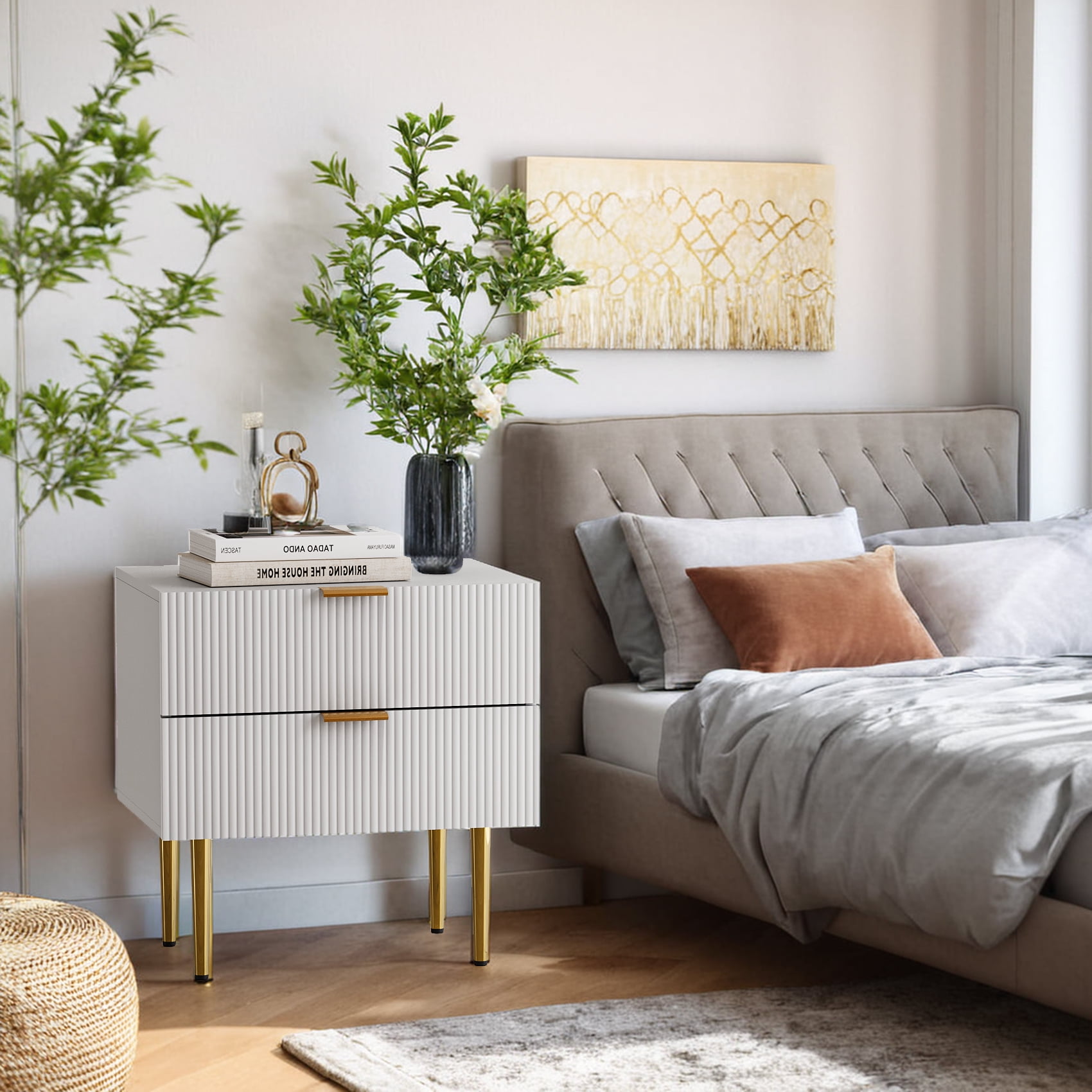 Smuxee Modern Nightstand with 2 Wave Pattern Drawer,End Tables Side Tables for Bedroom,White