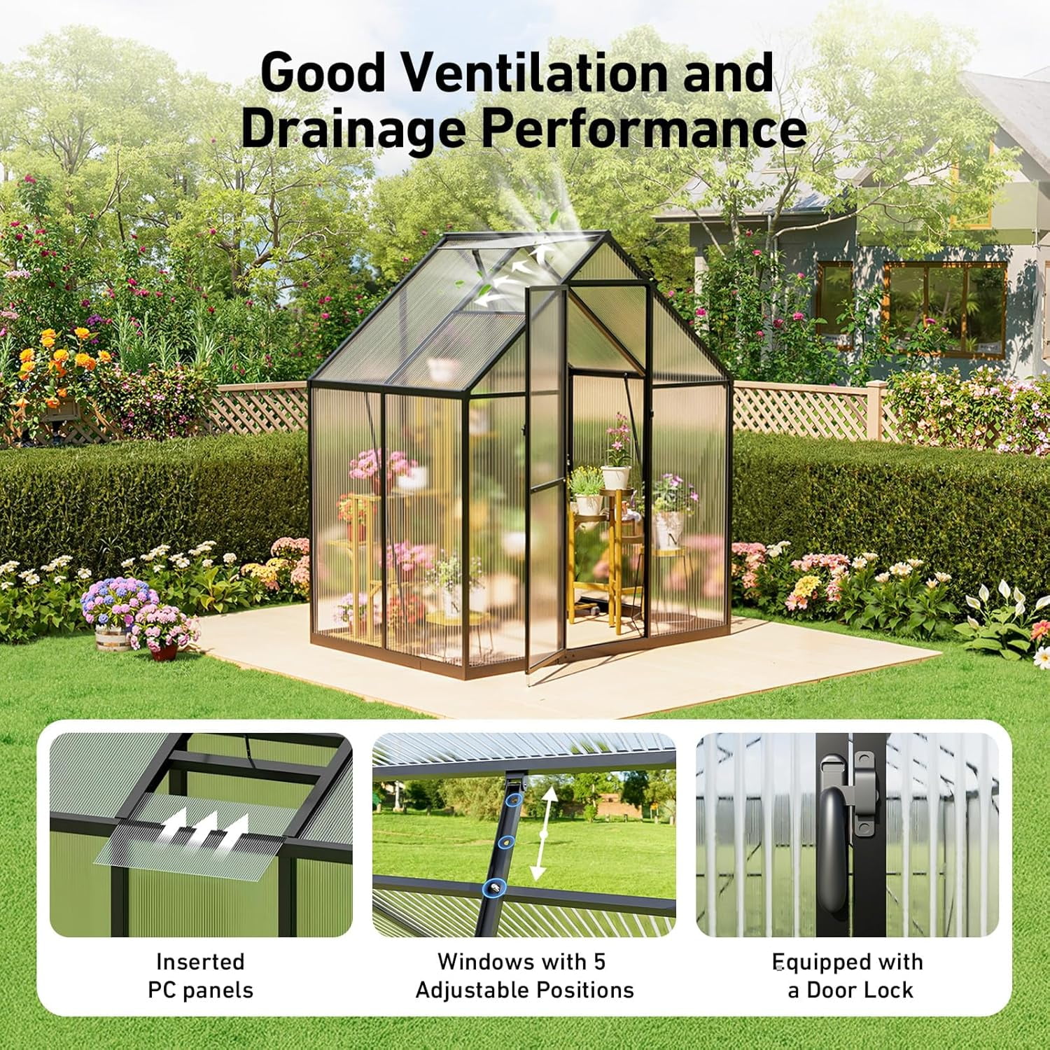 Sylviera 6x4ft Outdoor Walk-in Greenhouse, Heavy-Duty Polycarbonate Green House with Reinforced Aluminum Frame for Garden, Backyard, and Winter Planting