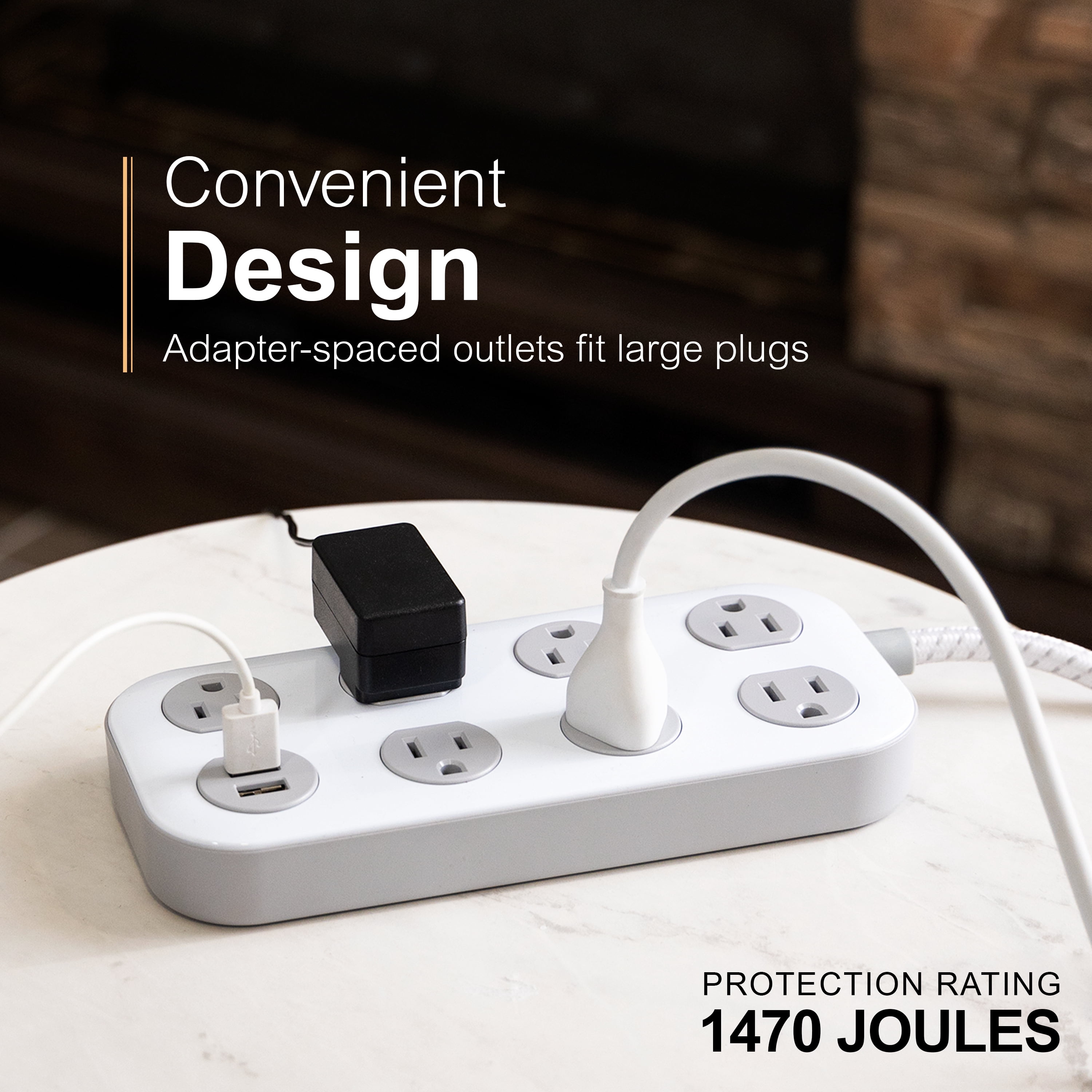 GE 7‑Outlet Surge Protector Power Strip, 2 USB‑A Ports, 1470J, 4ft Braided Cord, White/Gray