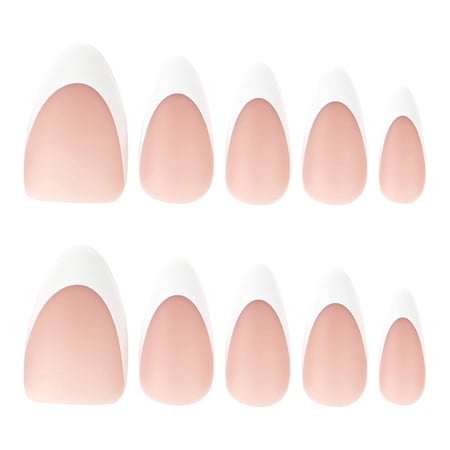 Nude Pink with White Tip French Tip Press on Nails, Medium Almond Smooth Finish False Nails, 24 Count