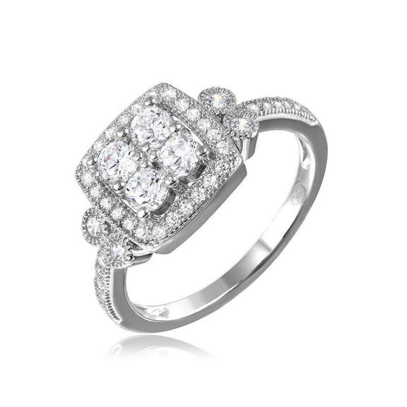 Rhodium Plated Sterling Silver 925 Square Halo Ring Clear CZ Band White Jewelry Female Size 8