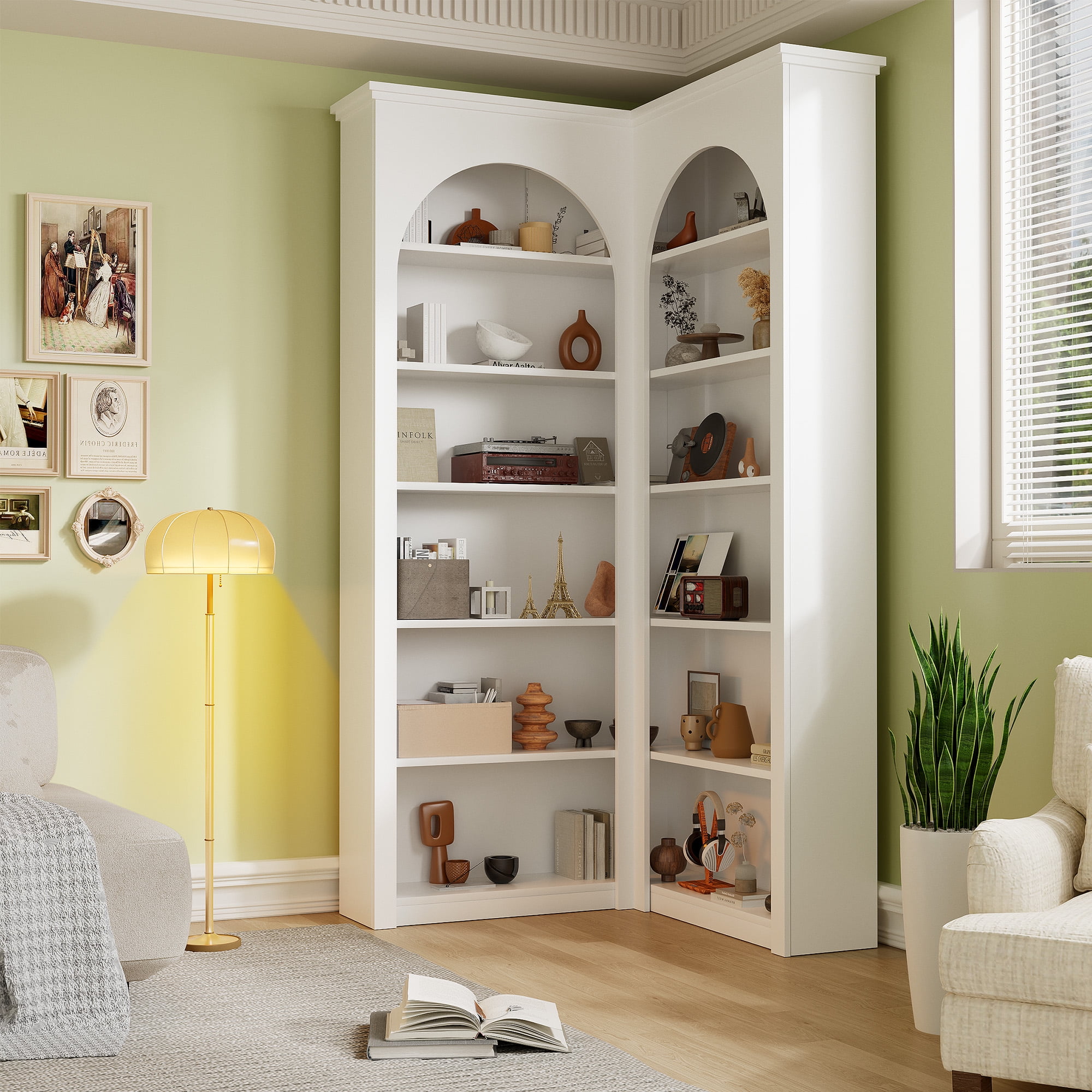 Modern 6 Tier Corner Bookcase, Arched Bookshelf Display Storage Cabinet, Home L-Shape Cabinet Living Room Furniture, White