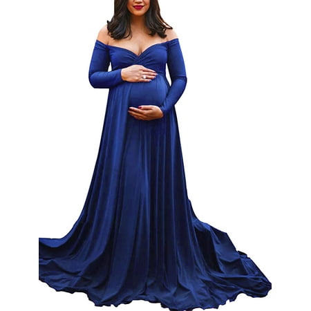 

TFFR Maternity Off-Shoulder Long Dress V-Neck Long Sleeve Big Swing Pregnancy Photo Photography Dress