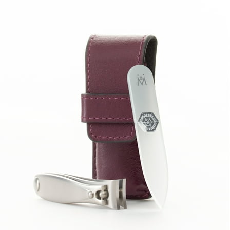 GERMANIKURE Nail clipper and Glass Nail File Set in Purple Leather Case - Made in Solingen Germany of FINOX Stainless Steel, Glass Nail Care Supplies Made in Czech Republic