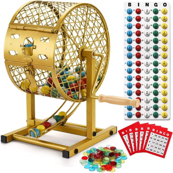 Set de Juego de Bingo AugFir Jaula de Acero 32 cm 30 Cartones 75 Bolas