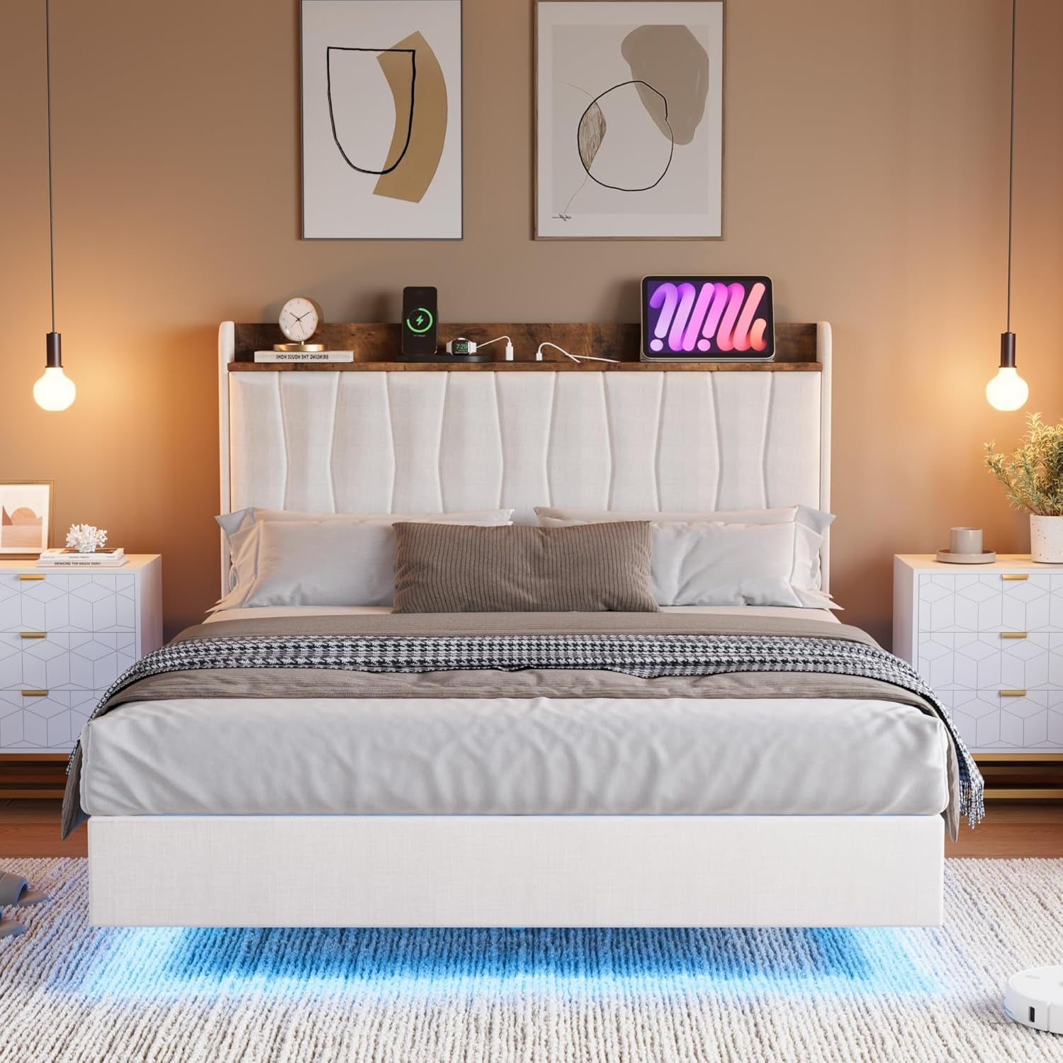 Yiwa Queen Size Bed Frame, Floating Platform Bed with Headboard, LED Lights, Charging Ports, White Modern Upholstered Bedframe with Sturdy Wood Slats, No Box Spring Needed, Easy Assembly