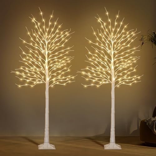 Birch Tree Lights 6^FT, Set of 2 Prelit Christmas Trees 8 Lighting Effects and Timer, Artificial Trees Warm White Fairy Lights, Twinkling Twig Trees for Xmas Party Wedding Indoor Outdoor