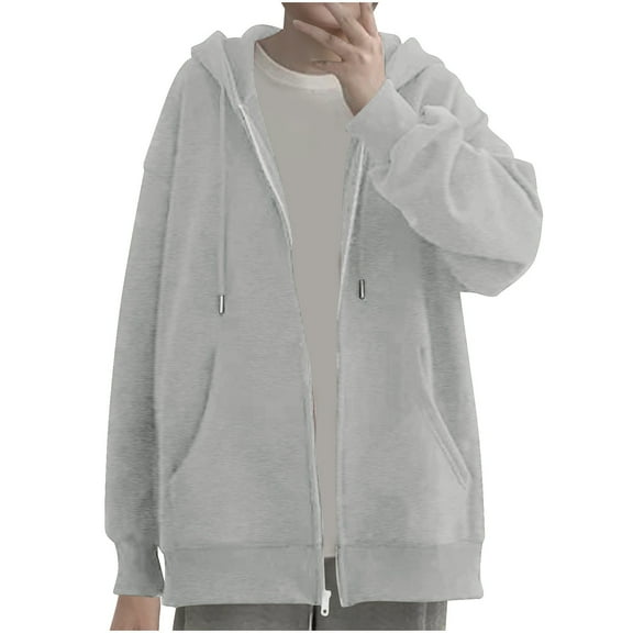 XPMWRP Women's Full Zip Hooded Drawstring Jacket Long Sleeve Fashion Solid Color Coats Fall Winter Fashion Loose Clothes with Pockets Gray XXL