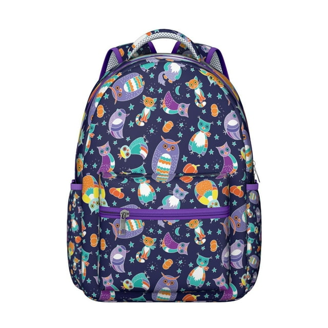 Snowy Owl Student Backpack Waterproof Composite Oxford Cloth, Scratch-Resistant, Cartoon Night Owl Pattern, Large Capacity Student’s School Bag with Comfortable Adjustable Straps