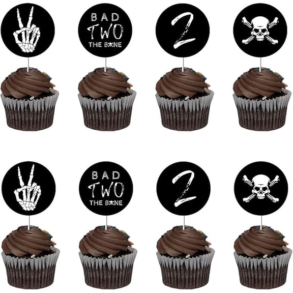24pcs Bad Two The Bone Cupcake Toppers, Rock Themed 2nd Birthday Decorations, Bone Skull Second Birthday Party Decor, Rock n Roll Music Theme 90s Birthday Party Supplies Black