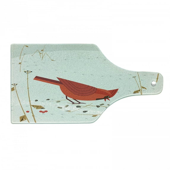 Birdhouse Cutting Board, Red Cardinal Autumnal Leaves Rowan Berries Pattern, Decorative Tempered Glass Cutting and Serving Board, in 3 Sizes, by Ambesonne