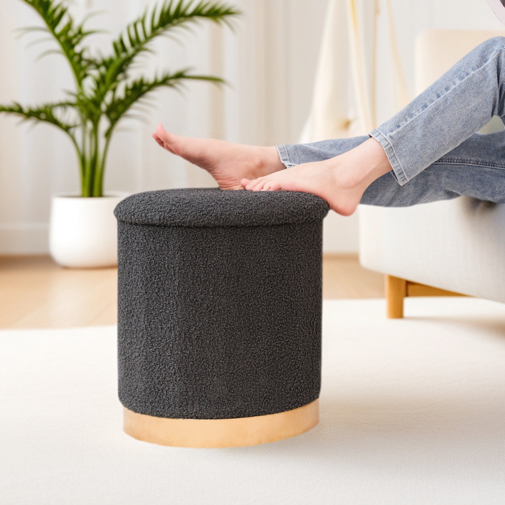 PINPLUS Round Storage Ottoman with Tray Gold Edge Stool Leg Folding Foot Rest for Living Room Dark Grey,Sherpa Fabric