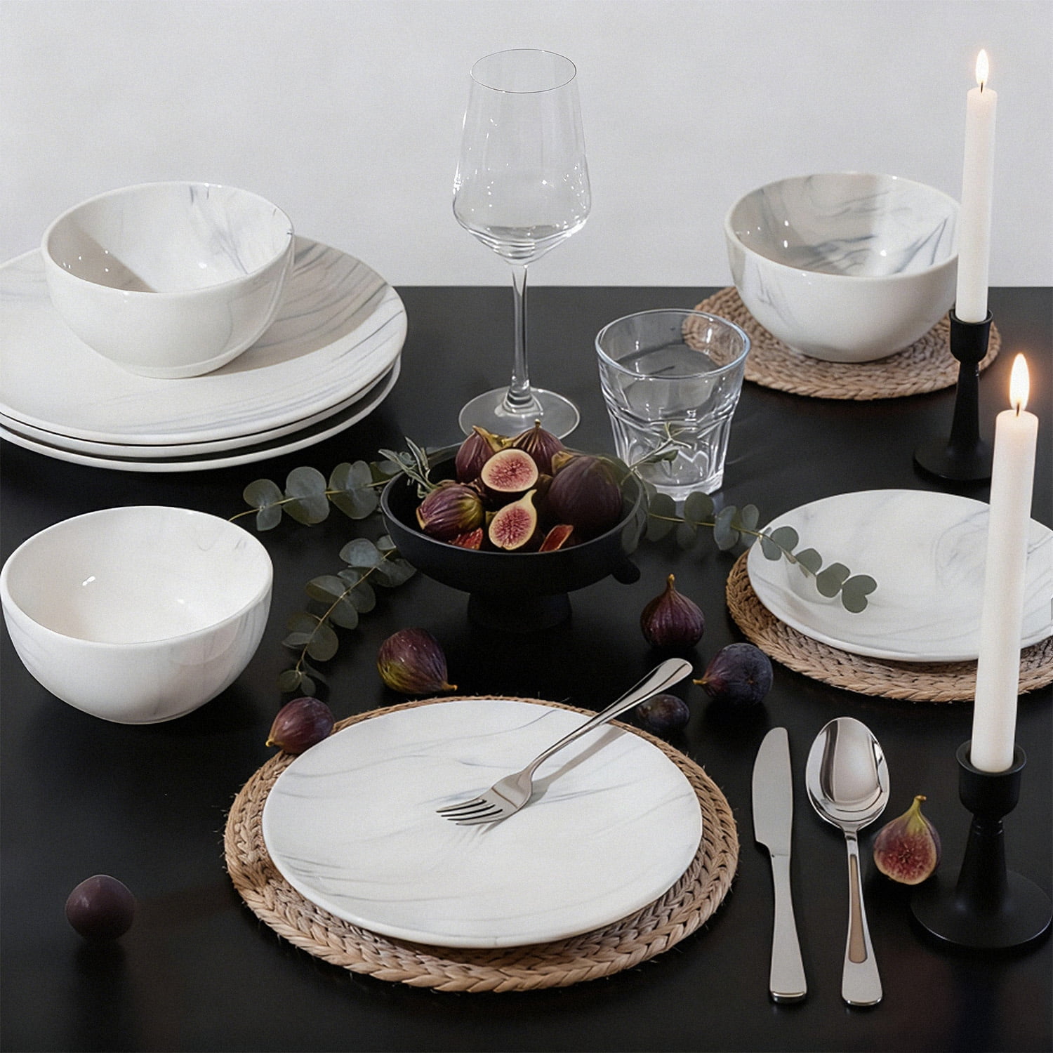KINGSTONE 12-Piece Ceramic Dinnerware Set for 4, Scratch-Resistant Plates and Bowls, Lightweight & Stackable Porcelain Dishes, Microwave & Dishwasher Safe, White