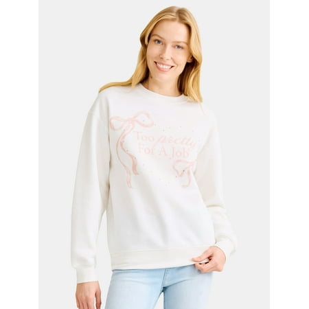 Too Pretty For A Job Graphic Fleece Pullover Sweatshirt with Long Sleeves with Rhinestones, Women's