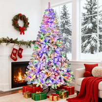 Vebreda 7.5ft Pre-Lit Premium Snow Flocked Christmas Tree with 600 Nine Lights Colored Lights, White