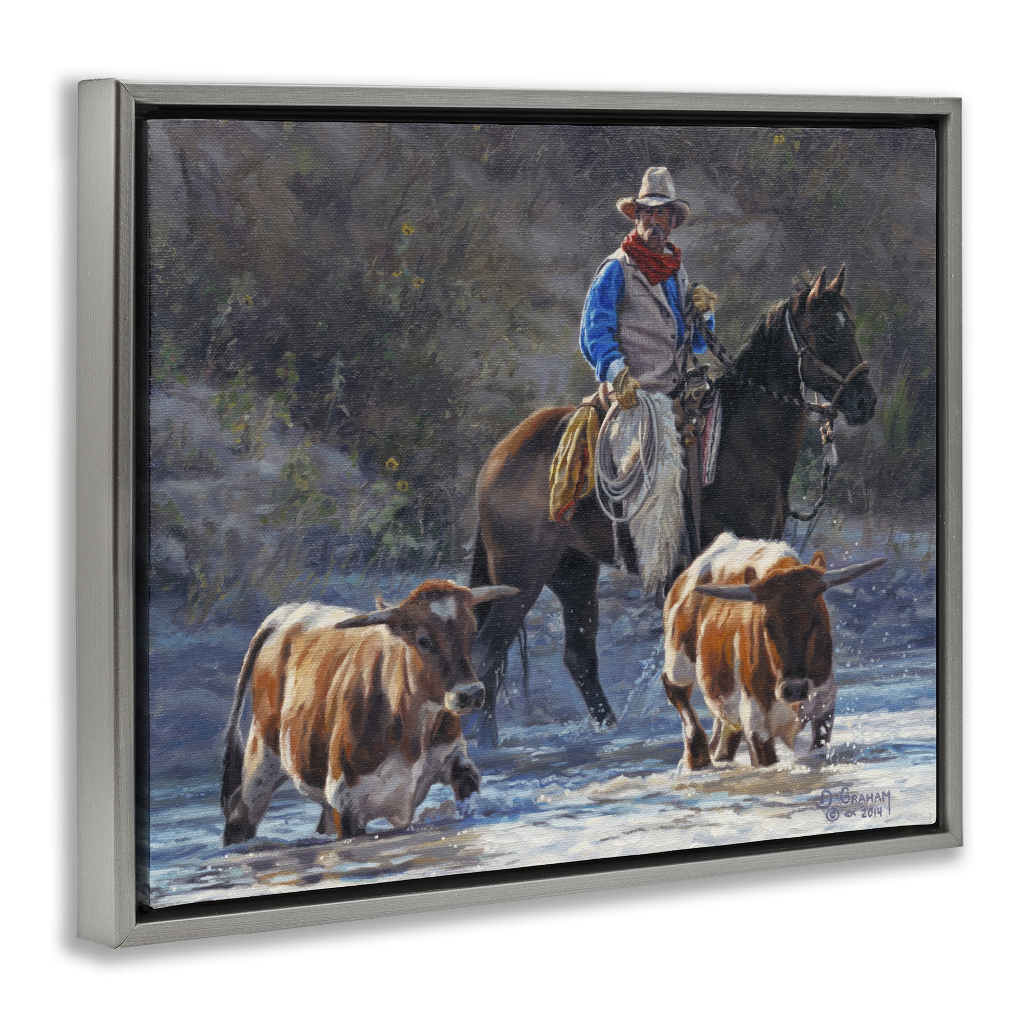 Stupell Industries Cowboy Crossing River Animals & Insects Painting Gray Floater Framed Canvas Art Print Wall Art, 31 x 25