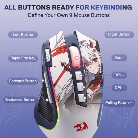 Redragon M612AK PRO RGB Anime Gaming Mouse, 8000 DPI Wired/Wireless Optical Mouse with 9 Programmable Buttons & 7 Backlit Modes, BT & 2.4G Wireless, Software Supports DIY Keybinds Rapid Fire Button