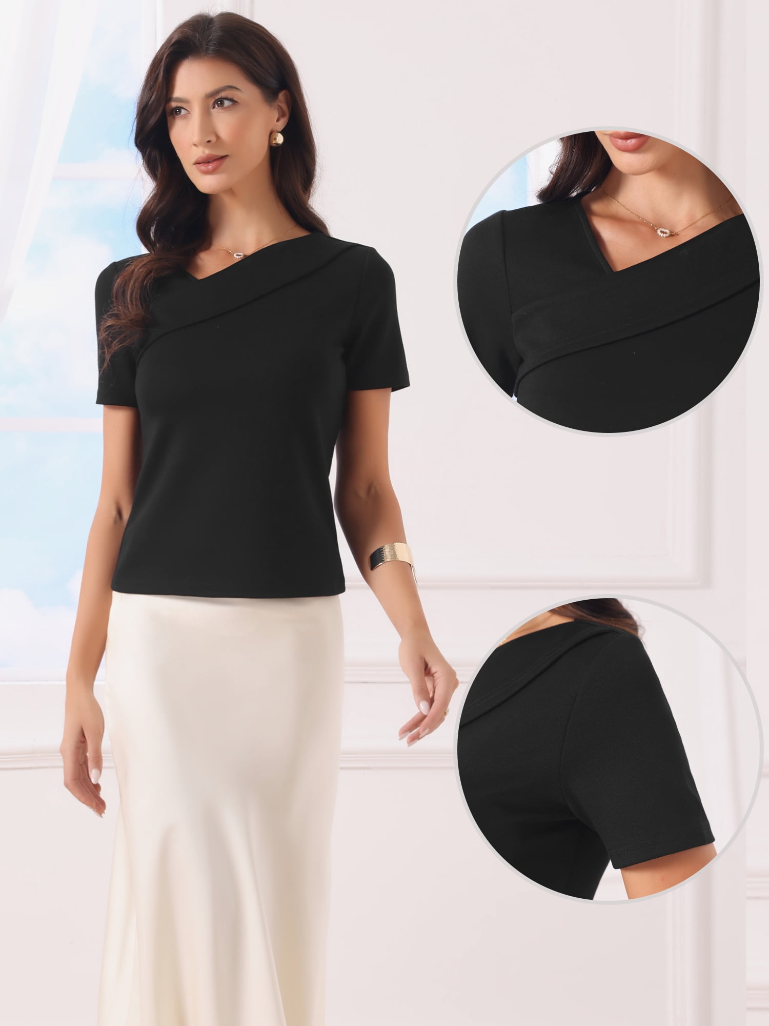 DARING DIVA Women's 2026 Summer Tops Asymmetrical Neck Slim Fit Shirts L Black