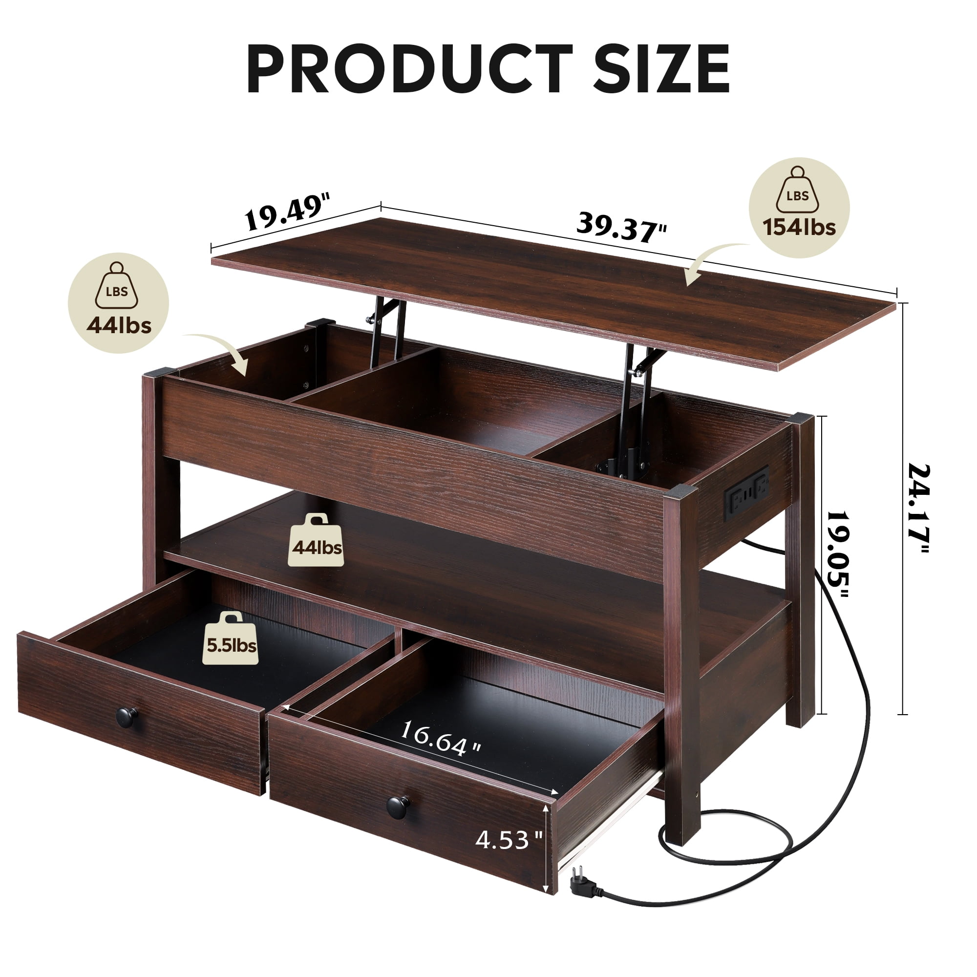 GALAXHERO Lift Top Coffee Table for Living Room Table with 2 Drawers & LED Light & Large Storage and Open Shelf Espresso