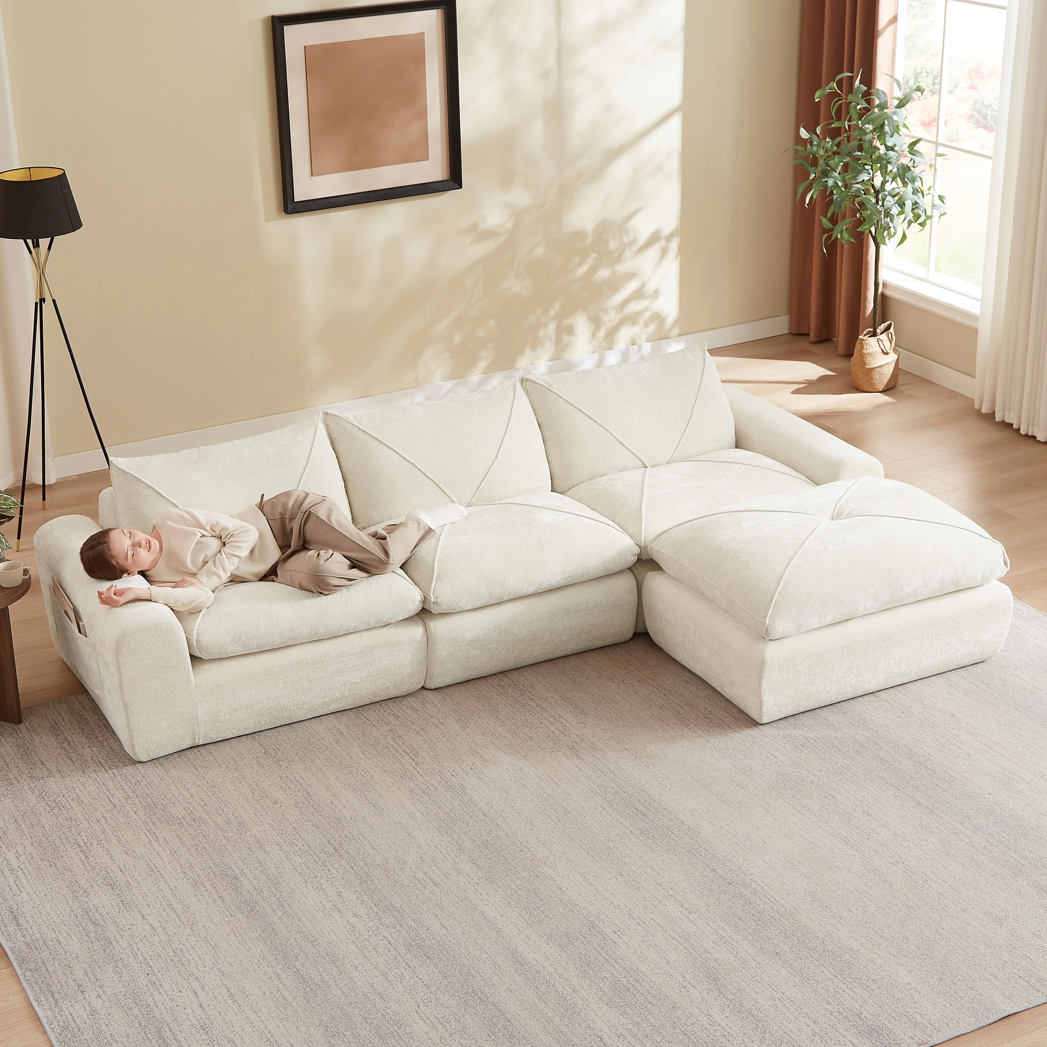 MAYEERTY 119" Cream Chenille L-Shaped Modular Sectional Sofa, Spring Support for Living Room Apartment