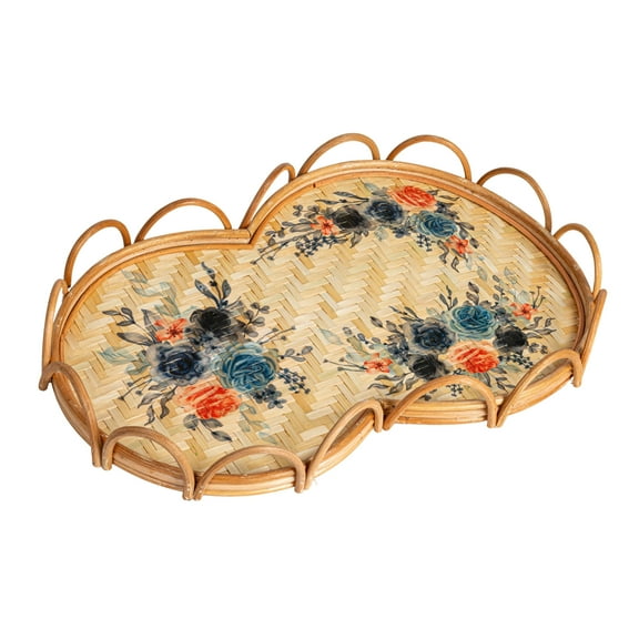 Creative Co-Op Floral Fantasy Rattan and Bamboo Tray, Multicolor