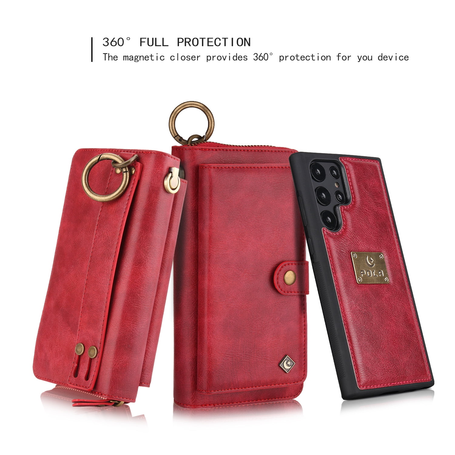 Samsung Galaxy S22 Ultra Leather Flip Case Cover, Galaxy S22 Ultra Zipper Wallet Case for Women and Men, Dteck 14 Card Holder Zipper Pocket Magnetic Detachable Wallet Folio Case Leather Pouch,Red