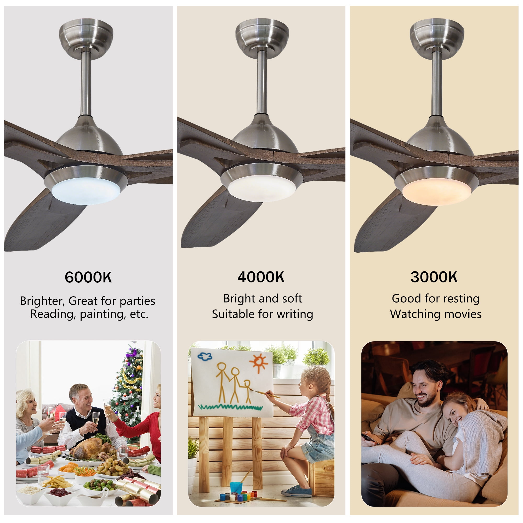 Leumius 52" Ceiling Fan with Lights Quiet DC Motor Ceiling Fans 6 Speed Levels,Reversible Ceiling Fan for Patio Living Room Bedroom Silver