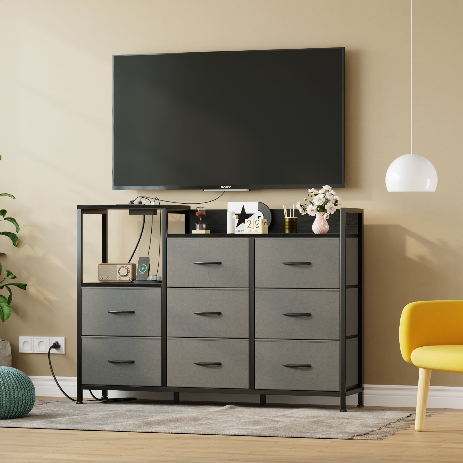 EDX 8 Drawer Dresser TV Stand, with Power Outlets and Open Shelves, for Bedroom and Living Room, Gray
