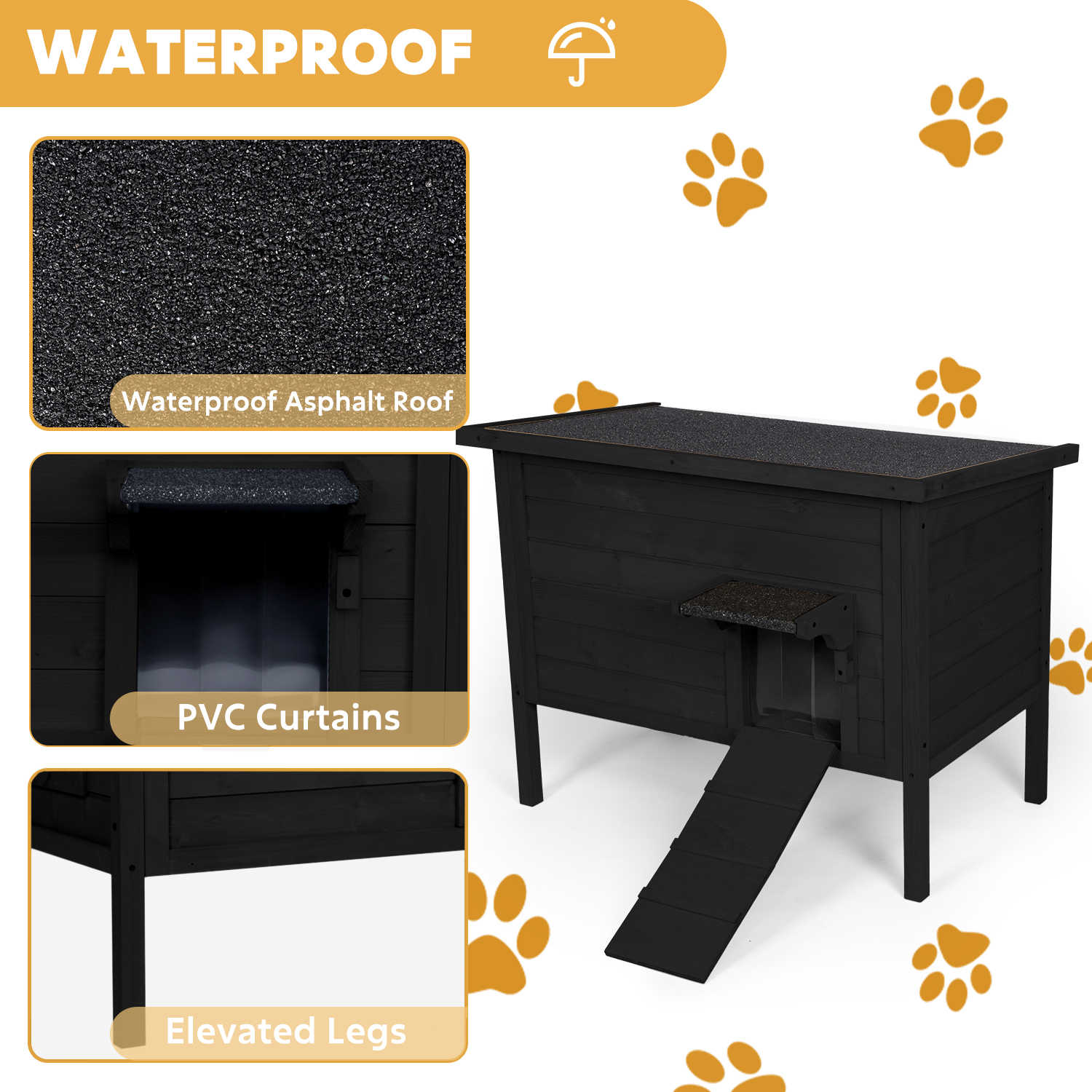 Hidpriva Insulated Wooden Outdoor Cat House, Weather-Resistant Feral Cat Shelter for Winter w/ Foldable Ladder & Visible Window, Black