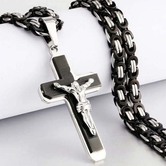 Lordluxury Crucifix Jesus Cross Necklace 14K White Gold Christs Pendant Byzantine Chain Men Necklaces Jewelry Gifts S273