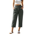 thumbnail image 2 of Costeam Womens Multi Button Pleated Front Linen Capri Pants Dual Side Slip Pockets Non Elastic High Waist Lightweight Wrinkle Resistant Loose Mid Calf Casual Cropped Trousers, 2 of 7