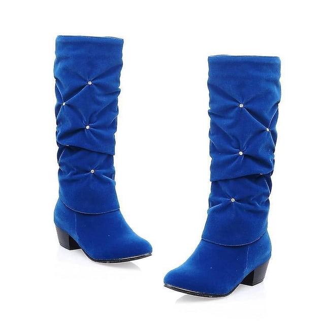 ZHAOCHENG Botas de nieve de tacón bajo para mujer, con diamantes de imitación, punta redonda, hasta la rodilla, para fiesta, boda, color rojo, negro y azul.