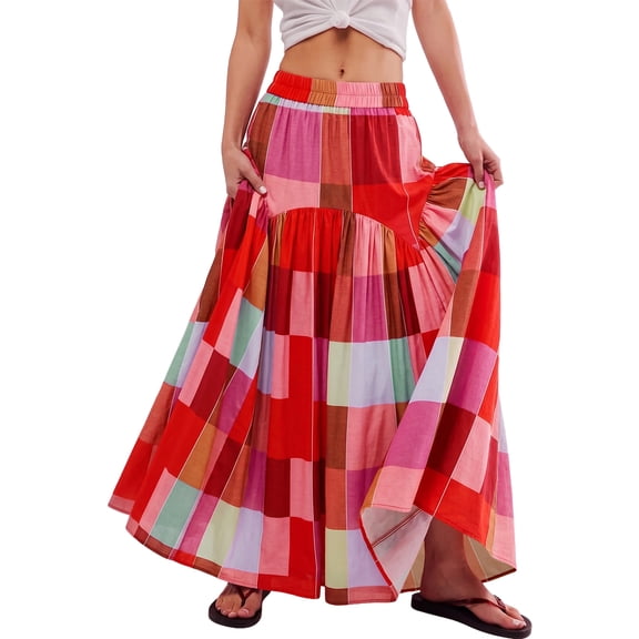 TinyCribz Women's Boho Ruched Plaid High Waist Floor Length Maxi Skirt L