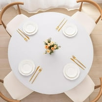 Round Fitted PEVA Vinyl Tablecloth with Elastic Edged & Flannel Backing, Waterproof Wipeable Round Table Cover for Indoor Outdoor Patio Use - Fits Tables up to 45"-52" Dia. (White)