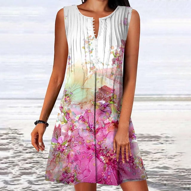 FcBaudy Robe Sans Manches à Col Rond, Robes d'Été pour Femmes, Robes d'Été Imprimées Sans Manches à Boutons