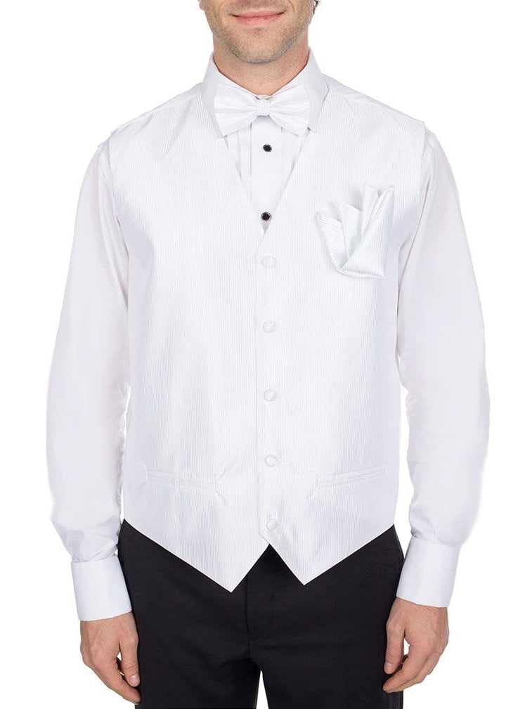 Men's Solid Fomal Vest, Bow Tie, & Hanky White for Tuxedo and Suit