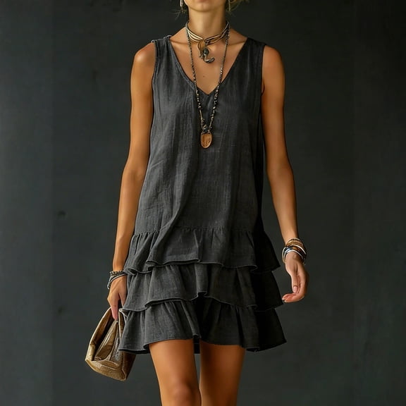 Summer Dresses for Women Sleeveless V Neck Tiered Ruffle Mini Dress Casual Loose Babydoll Sundress Boho Beach Shift Dresses XL