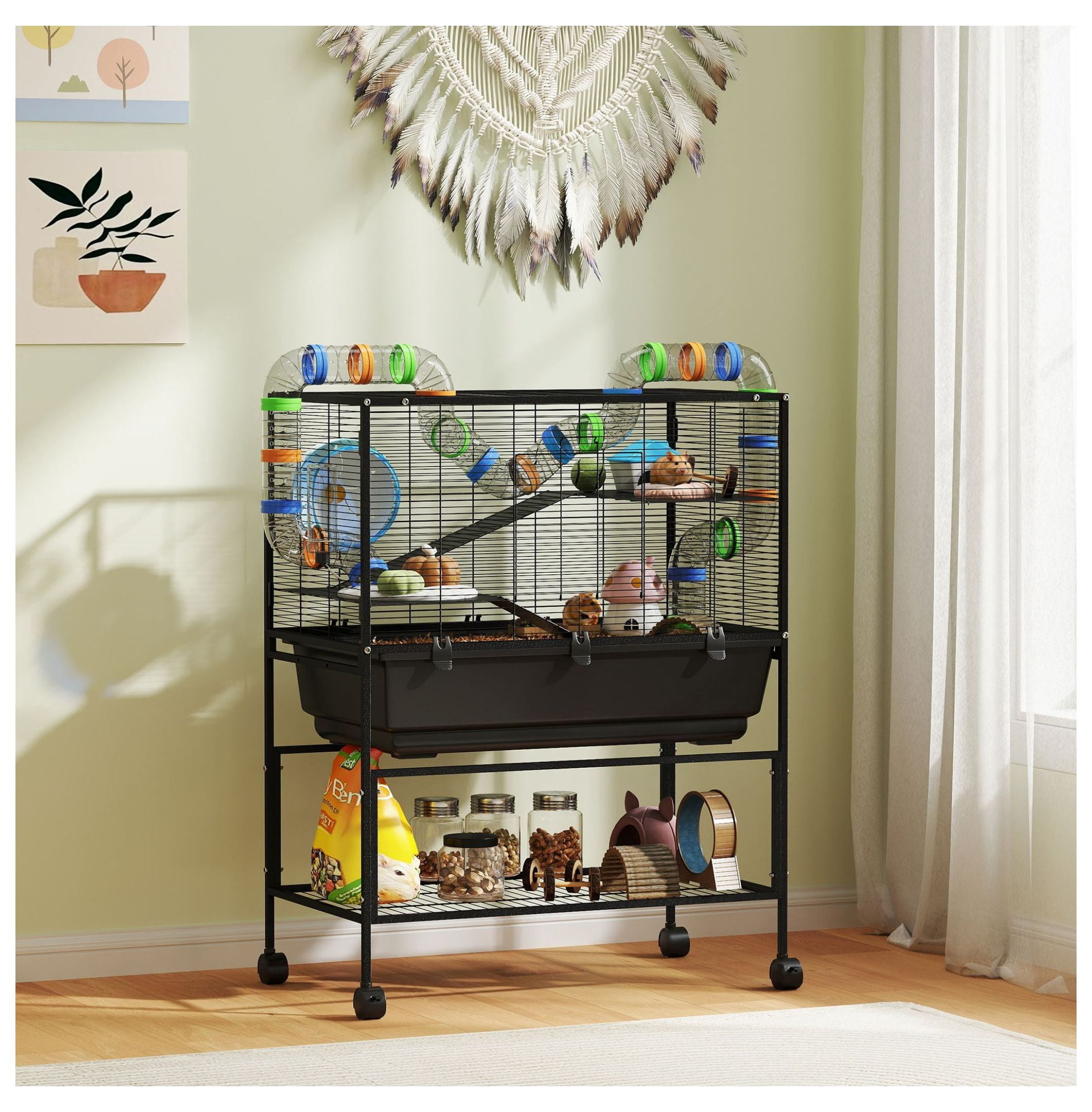 Hamster Cage 3 Tier, Rolling Rat Cage with Deep Tray, Exercise Wheel & Hut - Spacious Small Animal Habitat for Syrian Hamsters, Gerbils