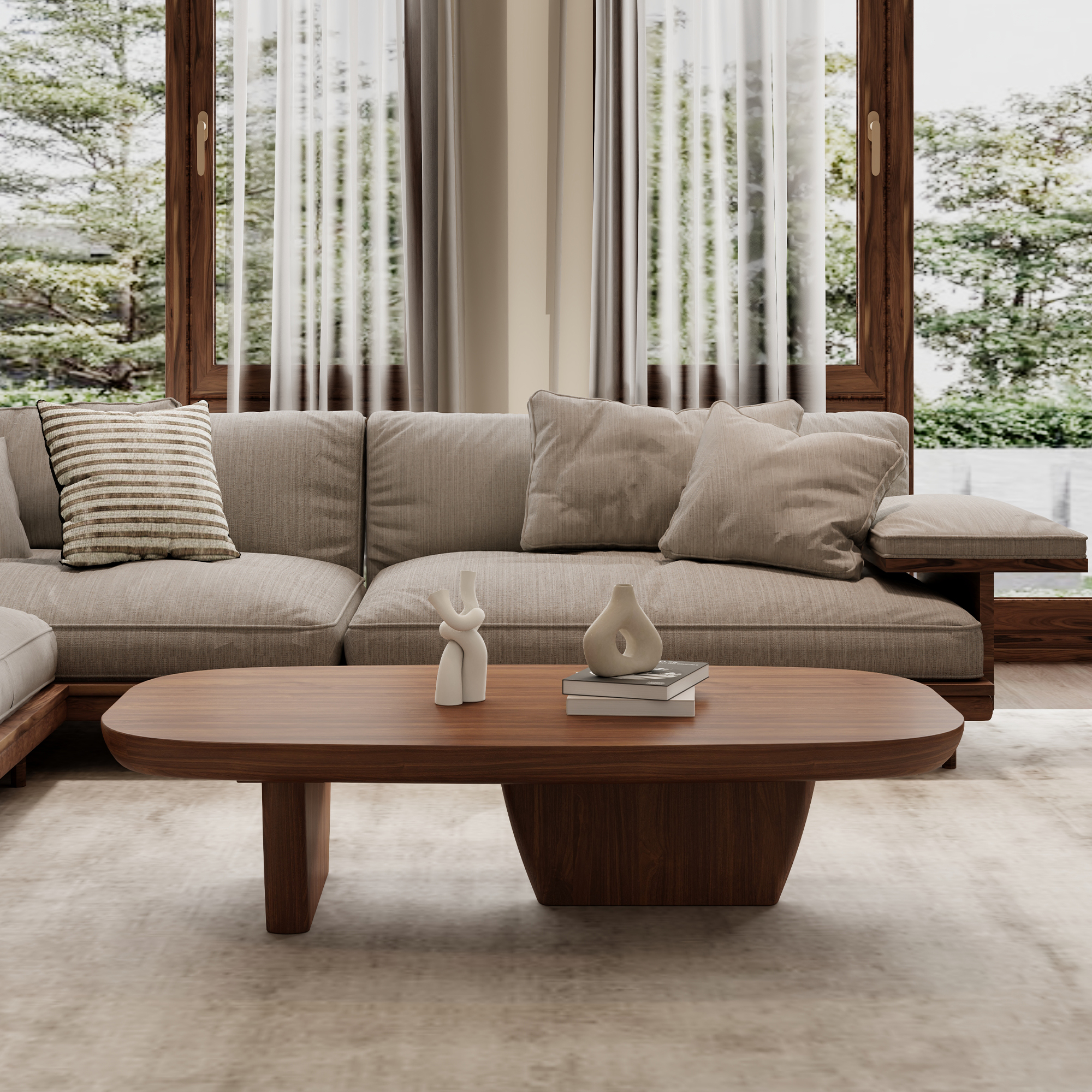 Modern Wood Coffee Table for Living Room, 51.2" Dark Brown Rectangle Coffee Table with 2 Unique Legs, Center Table Accent Tea Table for Living Room