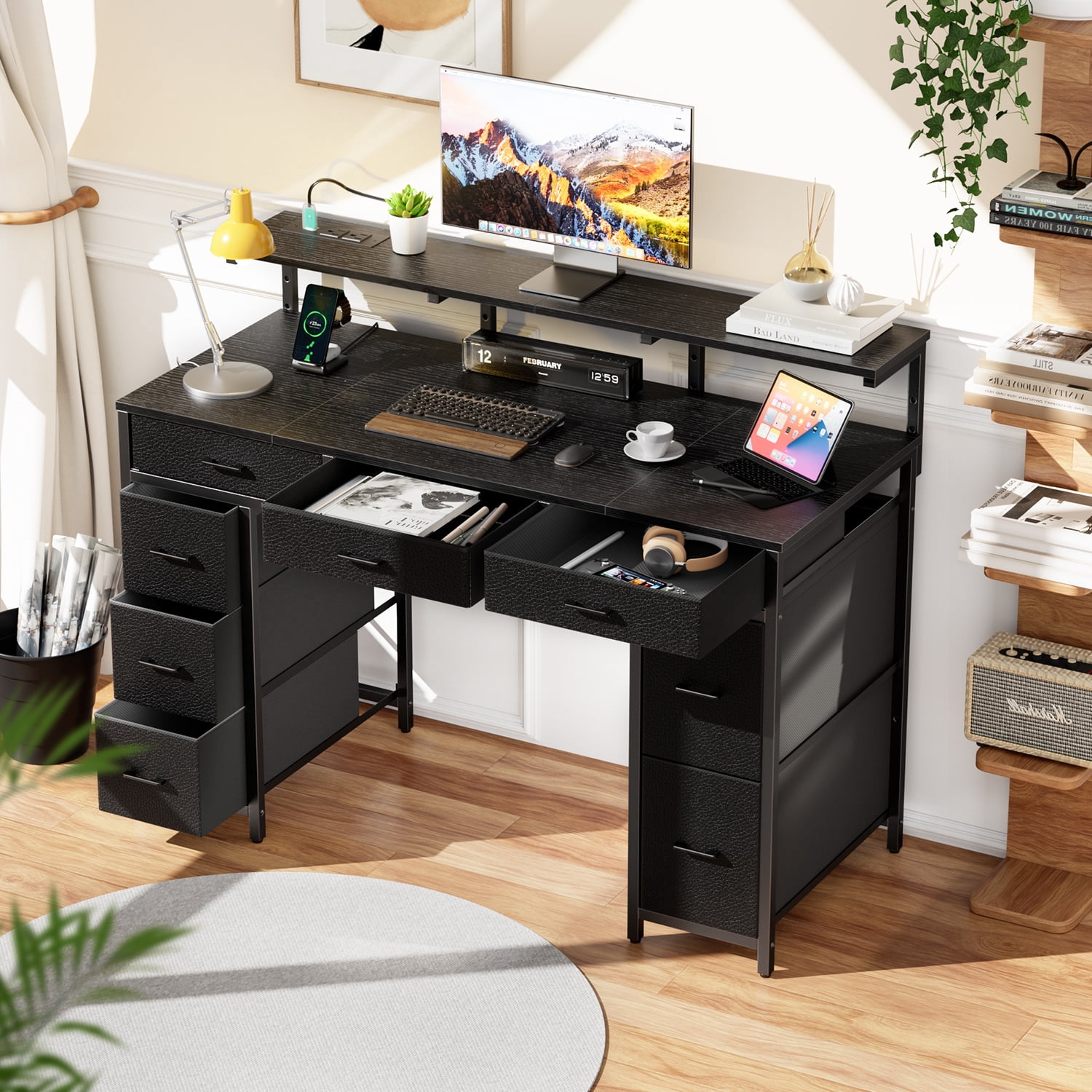 HLDIRECT 47 inch Computer Desk with 8 Drawers, Gaming Desk with LED Lights & USB Power Outlets, Home Office Table with Monitor Stand, Black