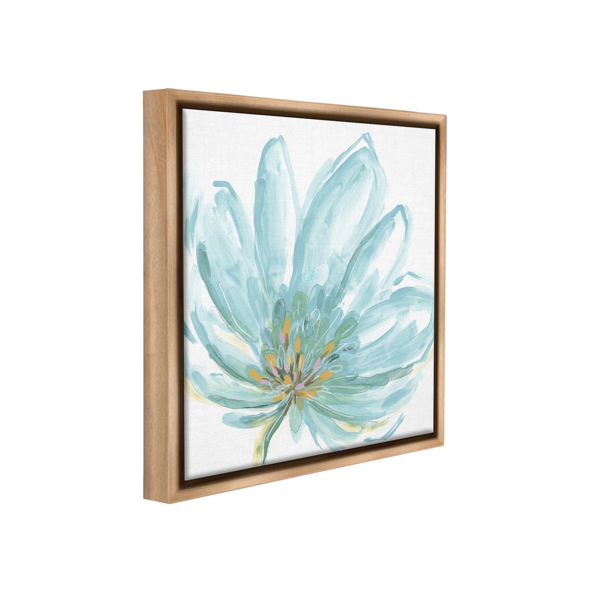 Stupell Industries Pale Blue Blossom Botanical & Floral Painting Brown Floater Framed Canvas Art Print Wall Art, 18 x 18
