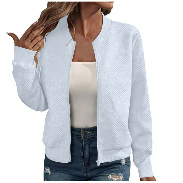 WRKEKC Women's Arrival Zip Front Jacket Solid Color Long Sleeve Modern Minimalist Style Everyday Essential No Hood Plus Sizes Blue M