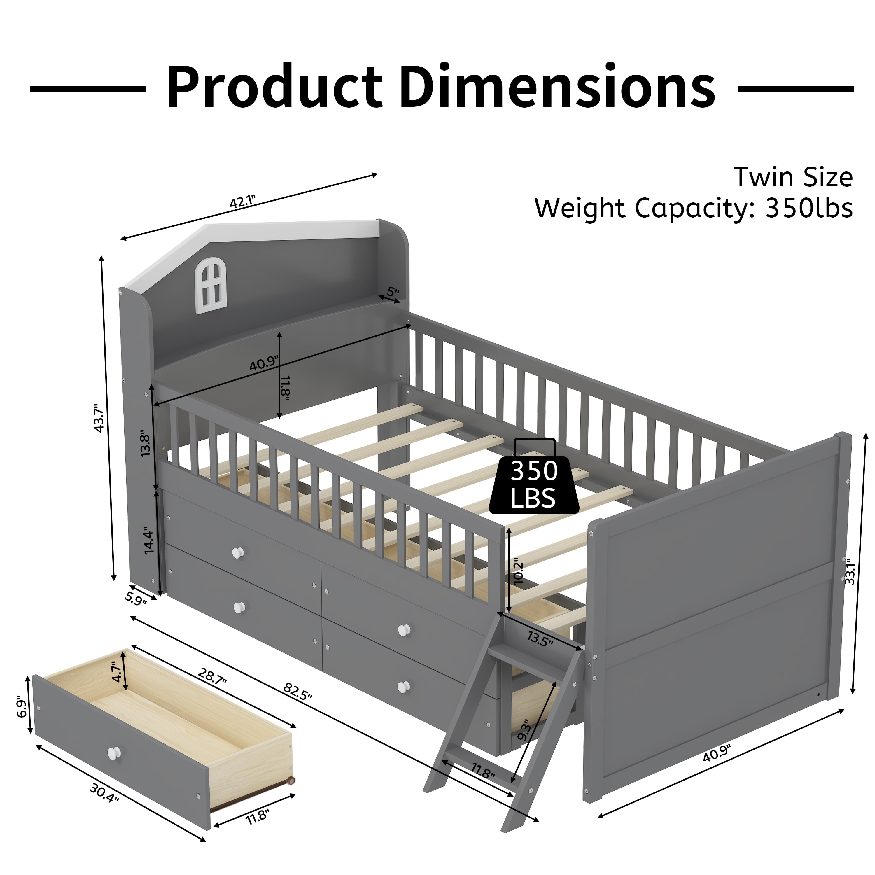 Euroco Wood Twin Size Platform Bed with Drawers, House Bed with Storage and Ladder, Gray